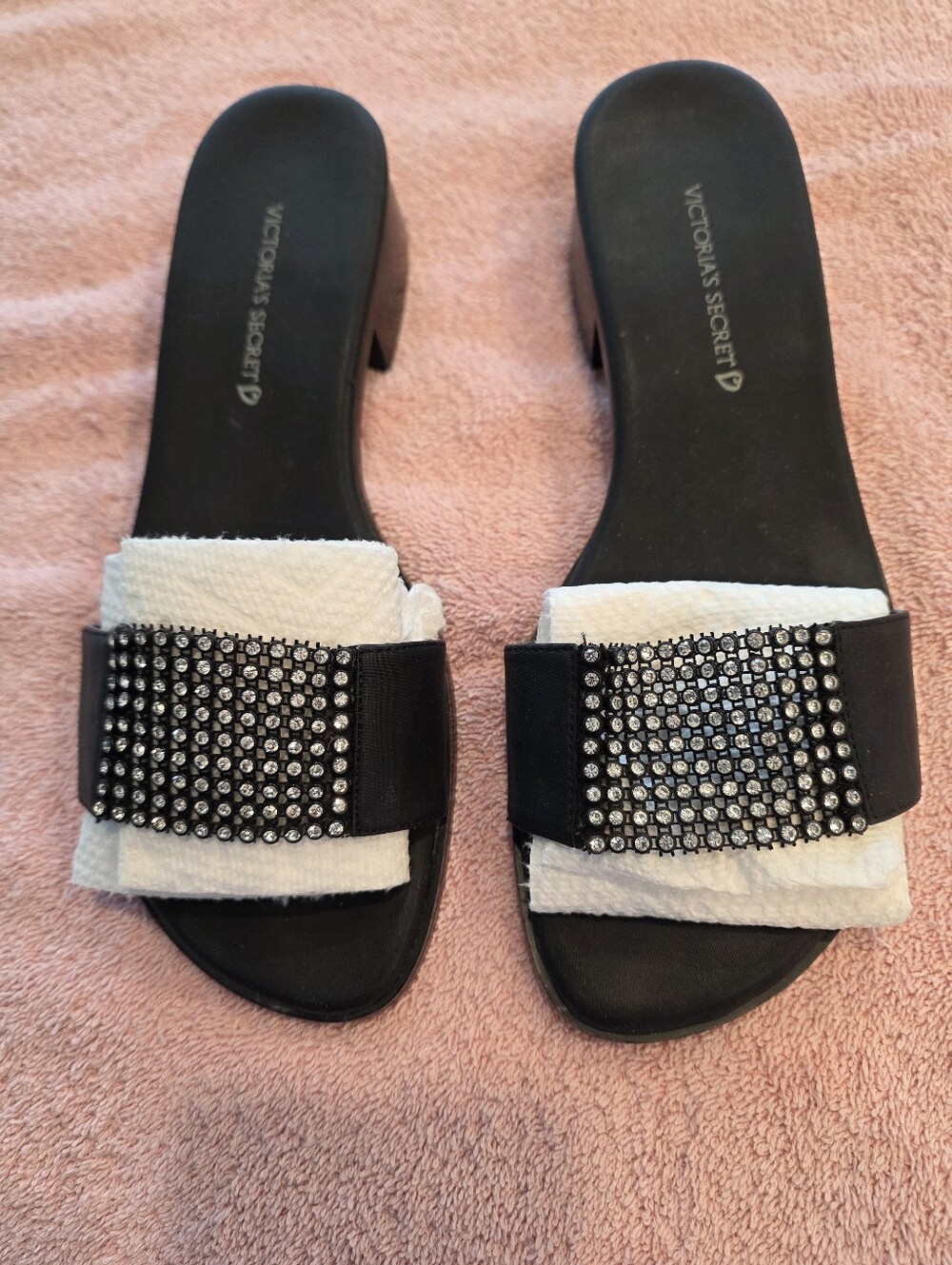 Victoria's Secret Black and White Rhinestone Slide Mules.